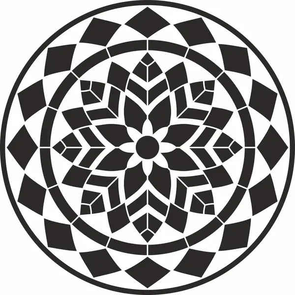 ベクトルブラックモノクロラウンドパターン モザイクサークル 幾何学的な装飾 スケッチーフラワー — ストックベクタ