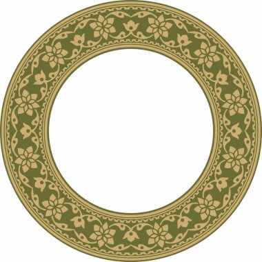 Vector yuvarlak altın ve yeşil Hint ulusal süsü. Etnik bitki çemberi, sınır. Çerçeve, çiçek yüzüğü. Gelincikler ve yapraklar