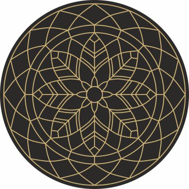 Altın kaplamalı vektör siyahı pencere veya tavan için yuvarlak boyalı cam desenli. Mozaik çember, geometrik süs. Sketchy çiçek.