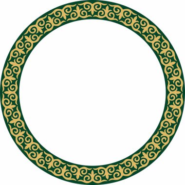 Vektör altın ve yeşil Kazak ulusal yuvarlak desen, çerçeve. Asya 'nın göçebe halkları, Büyük Steppe, Kazaklar, Kirghiz, Kalmykler, Moğollar, Buryatlar, Türkler