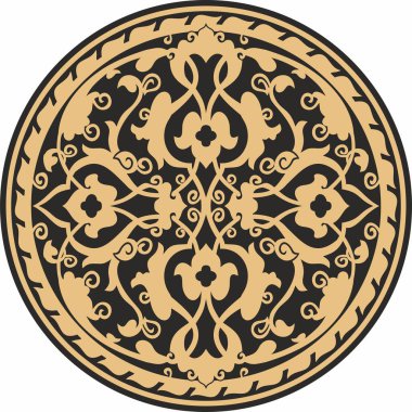 Vector gold and black arabic national round ornament. Ethnic circle, eastern and african peoples of asia, persia, iran, iraq, syria.