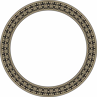 Vector yuvarlak altın ve siyah Hint ulusal süsü. Etnik bitki çemberi, sınır. Çerçeve, çiçek yüzüğü. Gelincikler ve yapraklar