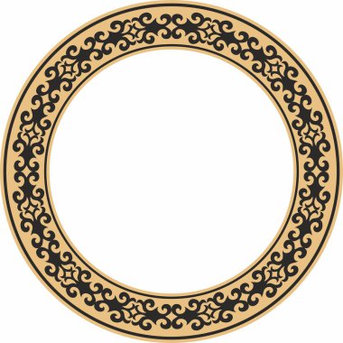 Vektör altın ve siyah Kazak ulusal yuvarlak desen, çerçeve. Asya 'nın göçebe halkları, Büyük Steppe, Kazaklar, Kirghiz, Kalmykler, Moğollar, Buryatlar, Türkler