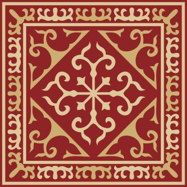 Altın Meydanı Kazak ulusal süsüsüyle kırmızı vektör. Büyük Steppe, Moğollar, Kırgız, Kalmykler, Buryatlar 'daki insanların etnik kalıpları.