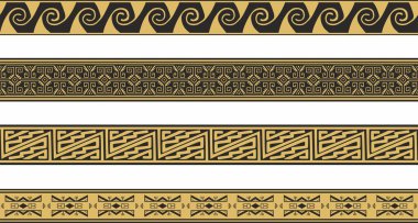 Vector set of gold and black native american ornamental seamless borders. Framework of the peoples of America, Aztecs, Maya, Incas