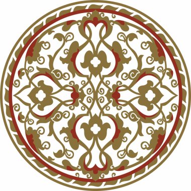 Vektör kırmızı ve altın sarısı Arap ulusal yuvarlak süsü. Asya, İran, İran, Irak, Suriye 'nin doğu ve Afrika halkları..