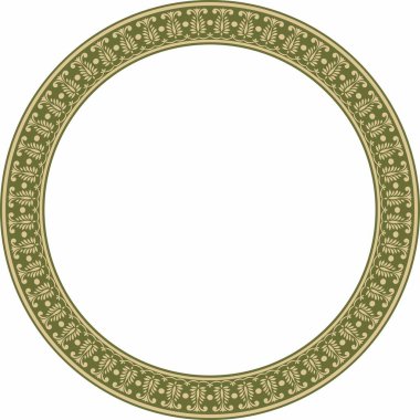 Vector yuvarlak altın ve yeşil Hint ulusal süsü. Etnik bitki çemberi, sınır. Çerçeve, çiçek yüzüğü. Gelincikler ve yapraklar