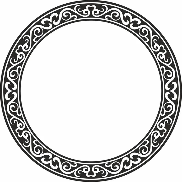 Vector monokrom Kazak ulusal yuvarlak desen, çerçeve. Asya 'nın göçebe halkları, Büyük Steppe, Kazaklar, Kirghiz, Kalmykler, Moğollar, Buryatlar, Türkler