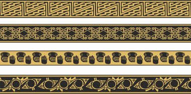 Vector set of gold and black native american ornamental seamless borders. Framework of the peoples of America, Aztecs, Maya, Incas