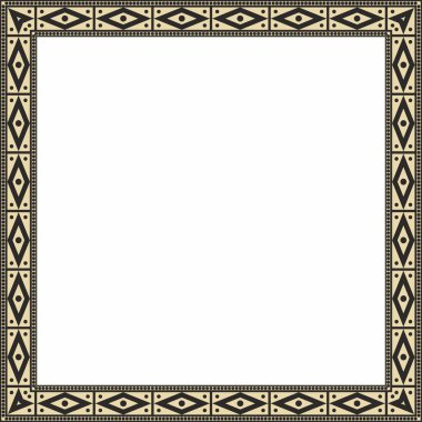 Vektör altın ve siyah kare ulusal Hint desenleri. Ulusal etnik süsler, sınırlar, çerçeveler. Güney Amerika halklarının renkli süslemeleri, Maya, İnka, Aztekler.