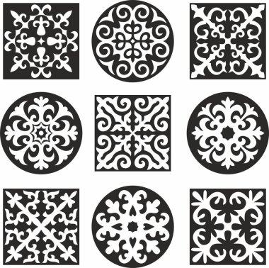 Siyah monokrom işaretli vektör seti Kazak ulusal süsü. Büyük Steppe 'deki insanların etnik kalıpları,