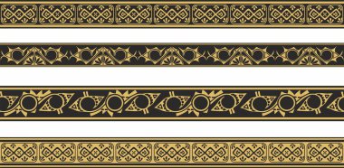 Vector set of gold and black native american ornamental seamless borders. Framework of the peoples of America, Aztecs, Maya, Incas