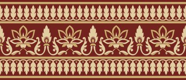 Kusursuz altın ve kırmızı Hint ulusal süsü. Sonsuz etnik bitki sınırı. Çiçek çerçevesi. Gelincikler ve yapraklar