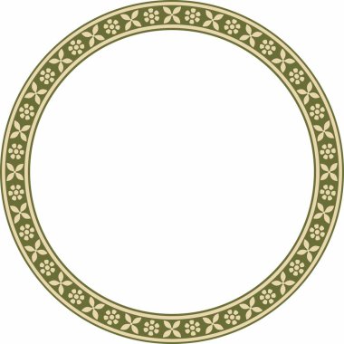 Vector yuvarlak altın ve yeşil Hint ulusal süsü. Etnik bitki çemberi, sınır. Çerçeve, çiçek yüzüğü. Gelincikler ve yapraklar