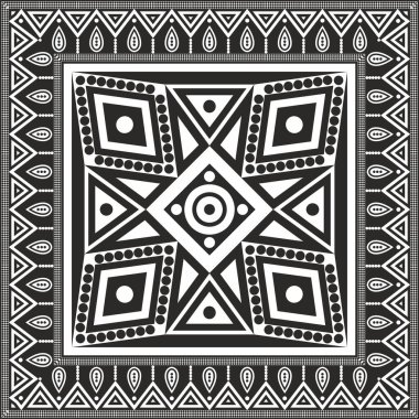 Vector siyah monokrom yerli Amerikan halk süsü. Kare desenli, Amerikan halkının atkısı, Aztek, İnka, Maya
