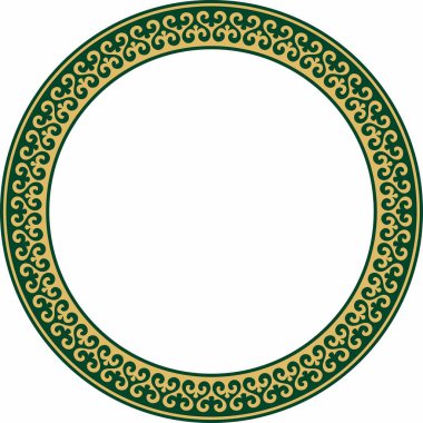 Vektör altın ve yeşil Kazak ulusal yuvarlak desen, çerçeve. Asya 'nın göçebe halkları, Büyük Steppe, Kazaklar, Kirghiz, Kalmykler, Moğollar, Buryatlar, Türkler