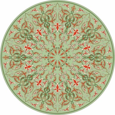 Boyalı cam için vektör şablonu. Zemin ve tavan için Türk klasik süsü. Yeşil Müslüman yuvarlak desen