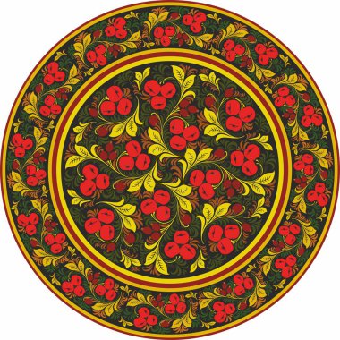 Rus halk süsü Khokhloma 'nın etrafında vektör renkli. Ulusal sonsuz çember, tepsi, bir tabak Slav halkı, Beyaz Rusyalılar, Ukraynalılar