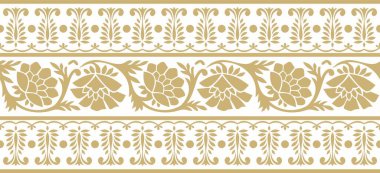 Vektörsüz altın Kızılderili ulusal süsü. Sonsuz etnik bitki sınırı. Çiçek çerçevesi. Gelincikler ve yapraklar