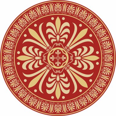 Kırmızı klasik Yunan yuvarlak süsü olan vektör altın. Antik Yunan ve Roma İmparatorluğu Çemberi. Bizans duvarları, zemin ve tavan resimleri. Avrupa saraylarının dekorasyonu