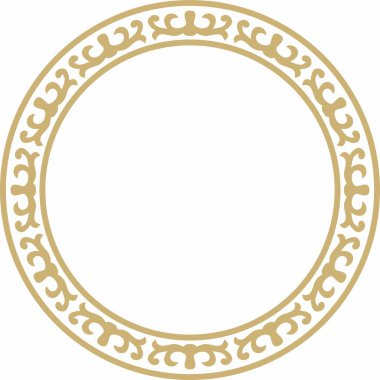 Altın turuncu Kazak ulusal süsü. Büyük Steppe, Moğollar, Kırgız, Kalmykler, Buryatlar 'daki insanların etnik kalıpları. daire, çerçeve kenarı