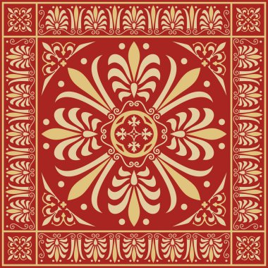 Kırmızı klasik Yunan kare süslemeli vektör altın. Antik Yunan ve Roma İmparatorluğu dikdörtgeni. Bizans duvarları, zemin ve tavan resimleri. Avrupa saraylarının dekorasyonu