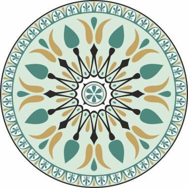 Vektör renkli klasik Yunan yuvarlak süsü. Antik Yunan ve Roma İmparatorluğu Çemberi. Bizans duvarları, zemin ve tavan resimleri. Avrupa saraylarının dekorasyonu