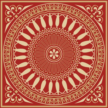 Kırmızı klasik Yunan kare süslemeli vektör altın. Antik Yunan ve Roma İmparatorluğu dikdörtgeni. Bizans duvarları, zemin ve tavan resimleri. Avrupa saraylarının dekorasyonu