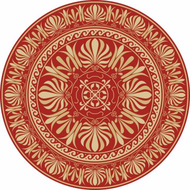 Kırmızı klasik Yunan yuvarlak süsü olan vektör altın. Antik Yunan ve Roma İmparatorluğu Çemberi. Bizans duvarları, zemin ve tavan resimleri. Avrupa saraylarının dekorasyonu