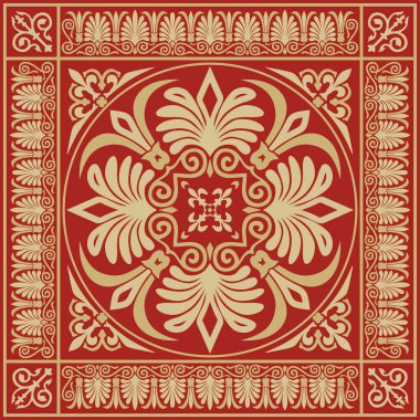 Kırmızı klasik Yunan kare süslemeli vektör altın. Antik Yunan ve Roma İmparatorluğu dikdörtgeni. Bizans duvarları, zemin ve tavan resimleri. Avrupa saraylarının dekorasyonu