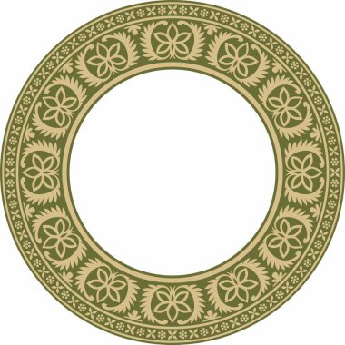 Vector yuvarlak altın ve yeşil Hint ulusal süsü. Etnik bitki çemberi, sınır. Çerçeve, çiçek yüzüğü. Gelincikler ve yapraklar