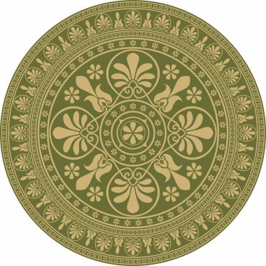 Yeşil, klasik Yunan yuvarlak süsü olan vektör altın. Antik Yunan ve Roma İmparatorluğu Çemberi. Bizans duvarları, zemin ve tavan resimleri. Avrupa saraylarının dekorasyonu