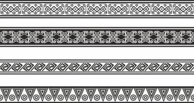 Kusursuz tek renkli Amerikan Yerlisi süslemelerinin vektör seti. Sonsuz etnik siyah sınırlar, Amerika halkları, Aztek, Maya, İnkalar. Kum püskürtme, entrikacı ve lazer kesme için