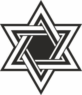 Vector siyah tek renkli Yahudi ulusal süsü. Davut Yıldızı. Semitik halk düzeni. İsrail etnik işareti