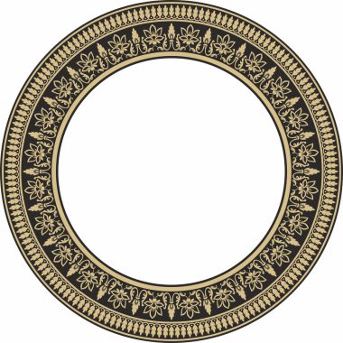 Vector yuvarlak altın ve siyah Hint ulusal süsü. Etnik bitki çemberi, sınır. Çerçeve, çiçek yüzüğü. Gelincikler ve yapraklar