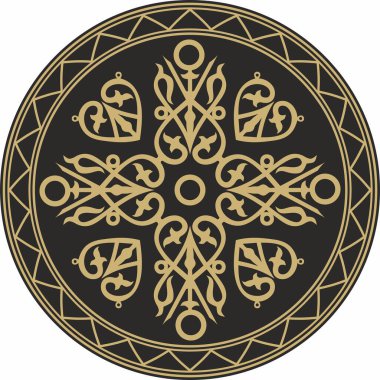 Siyah arka planda vektör altın Yakut yuvarlak süs. Tundra 'nın kuzeyindeki insanların atalarının çemberi. Tılsım, tılsım, uzun yaşam ve sonsuzluğun korunma sembolü..