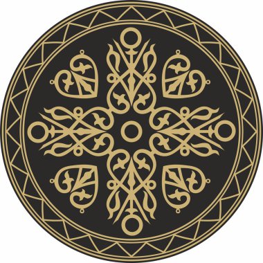 Vector gold on a black background Yakut round ornament. The circle of the ancestors of the northern peoples of the tundra. Talisman, amulet, protection symbol of longevity and infinity. clipart