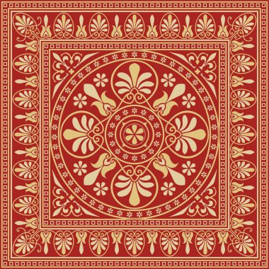 Kırmızı klasik Yunan kare süslemeli vektör altın. Antik Yunan ve Roma İmparatorluğu dikdörtgeni. Bizans duvarları, zemin ve tavan resimleri. Avrupa saraylarının dekorasyonu