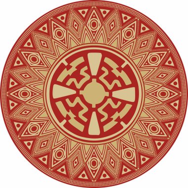Native American vector round gold with red pattern. Geometric shapes in a circle. National ornament of the peoples of America, Maya, Aztecs, Incas