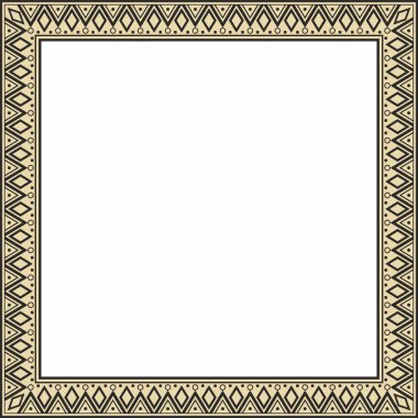Amerikan yerlilerinin altın ve siyah halk süsü. Kare sınır, Amerikan halkının çerçevesi, Aztek, İnka, Maya