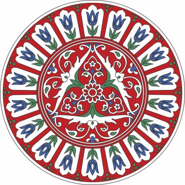 Vektör renkli Türk süsü. Osmanlı çemberi, halka, çerçeve. Lekelenmiş camlar için Müslüman deseni.