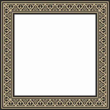 Siyah kenarlı, çerçeve, Pompei 'li vektör kare altın. Dikdörtgen Neopolitan süsü. Antik Roma Sanatı. Boyalı cam şablonu