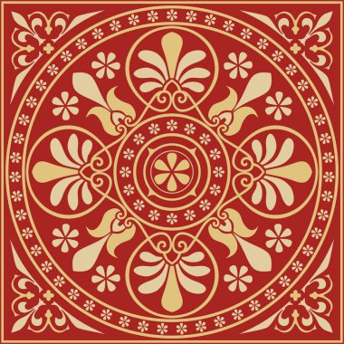 Kırmızı klasik Yunan kare süslemeli vektör altın. Antik Yunan ve Roma İmparatorluğu dikdörtgeni. Bizans duvarları, zemin ve tavan resimleri. Avrupa saraylarının dekorasyonu