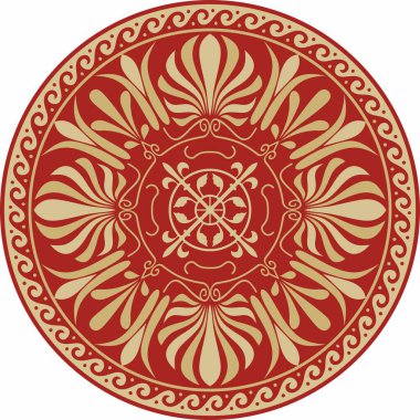 Kırmızı klasik Yunan yuvarlak süsü olan vektör altın. Antik Yunan ve Roma İmparatorluğu Çemberi. Bizans duvarları, zemin ve tavan resimleri. Avrupa saraylarının dekorasyonu