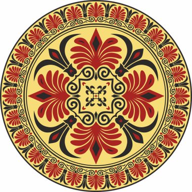 Vektör renkli klasik Yunan yuvarlak süsü. Antik Yunan ve Roma İmparatorluğu Çemberi. Bizans duvarları, zemin ve tavan resimleri. Avrupa saraylarının dekorasyonu