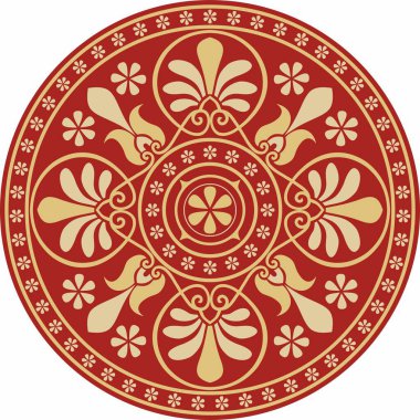 Kırmızı klasik Yunan yuvarlak süsü olan vektör altın. Antik Yunan ve Roma İmparatorluğu Çemberi. Bizans duvarları, zemin ve tavan resimleri. Avrupa saraylarının dekorasyonu