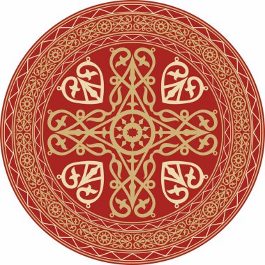 Vektör altın ve kırmızı Yakut süsü. Sonsuz çember, sınır, Uzakdoğu 'nun kuzeyindeki insanların çerçevesi.