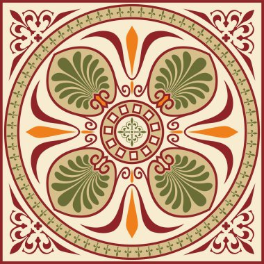 Vektör renkli klasik Yunan kare süsü. Antik Yunan ve Roma İmparatorluğu dikdörtgeni. Bizans duvarları, zemin ve tavan resimleri. Avrupa saraylarının dekorasyonu.