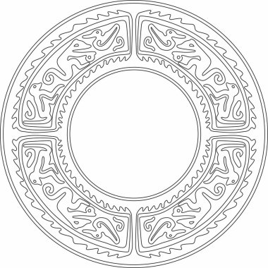 Amerikan yerlilerinin yuvarlak hatları. Daire şeklinde geometrik şekiller. Amerika 'nın, Maya' nın, Azteklerin, İnkaların ulusal süslemeleri. Boyalı cam şablonu