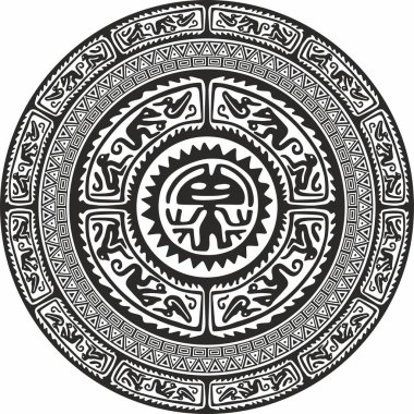 Yerli Amerikan vektör yuvarlak monokrom deseni. Daire şeklinde geometrik şekiller. Amerika 'nın, Maya' nın, Azteklerin, İnkaların ulusal süslemeleri